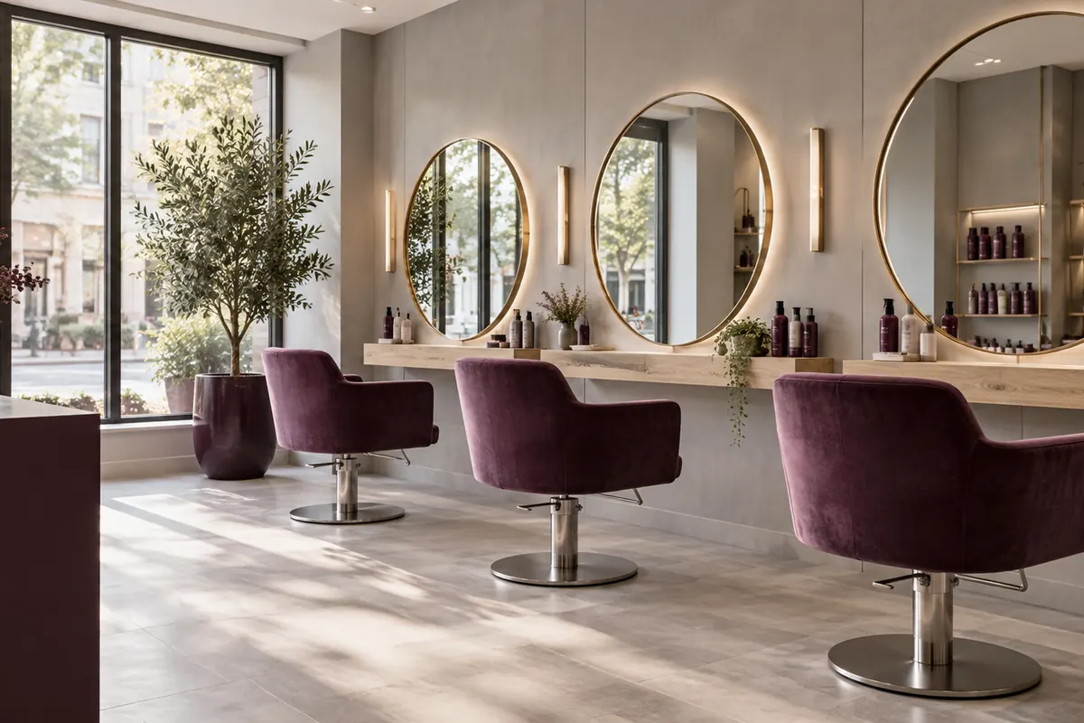 Bright salon interior with three plum velvet chairs in front of round mirrors and a large street window
