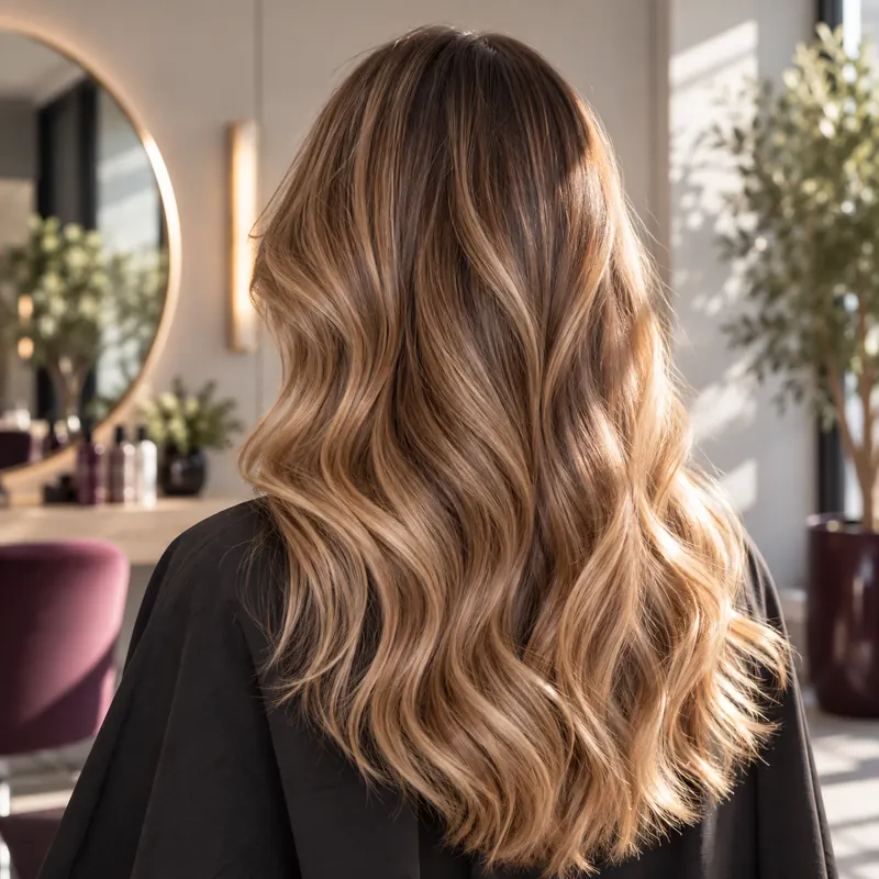 Long wavy hair with soft caramel balayage, seen from behind
