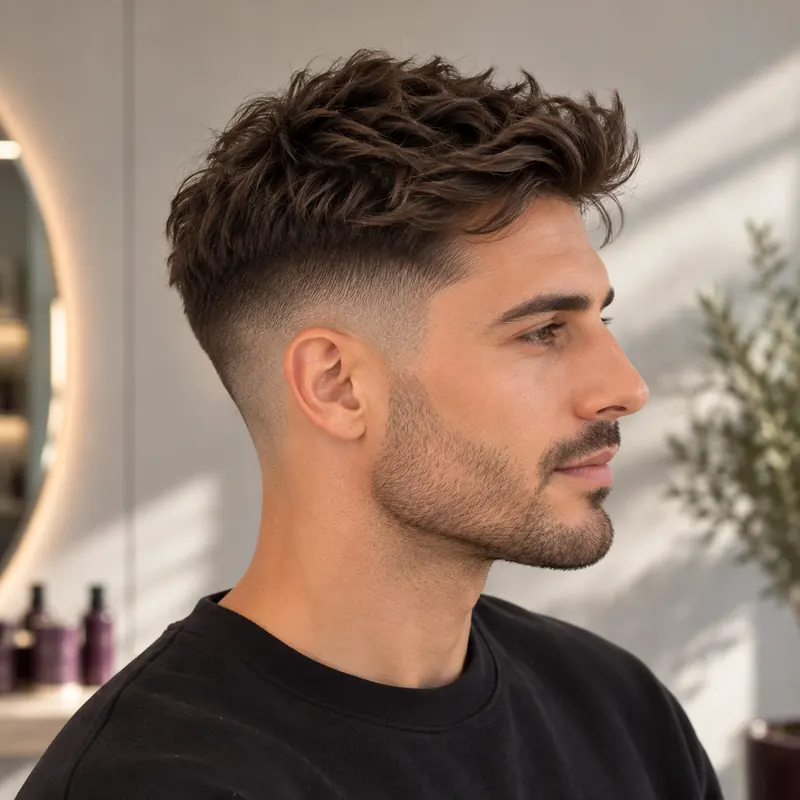 Short textured men’s cut with a skin fade, side view