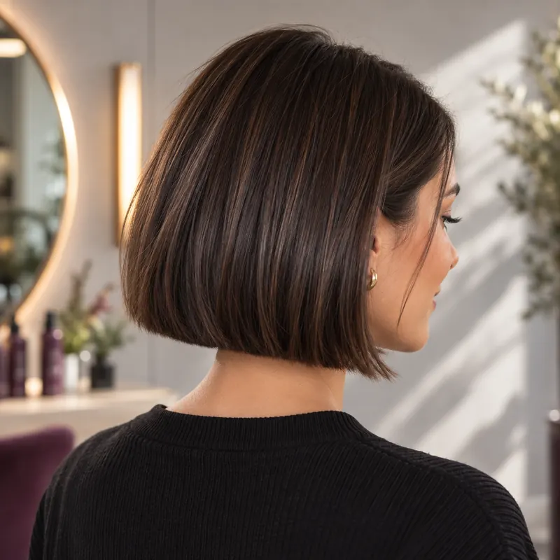 Sleek dark brown chin-length bob with a clean cut line