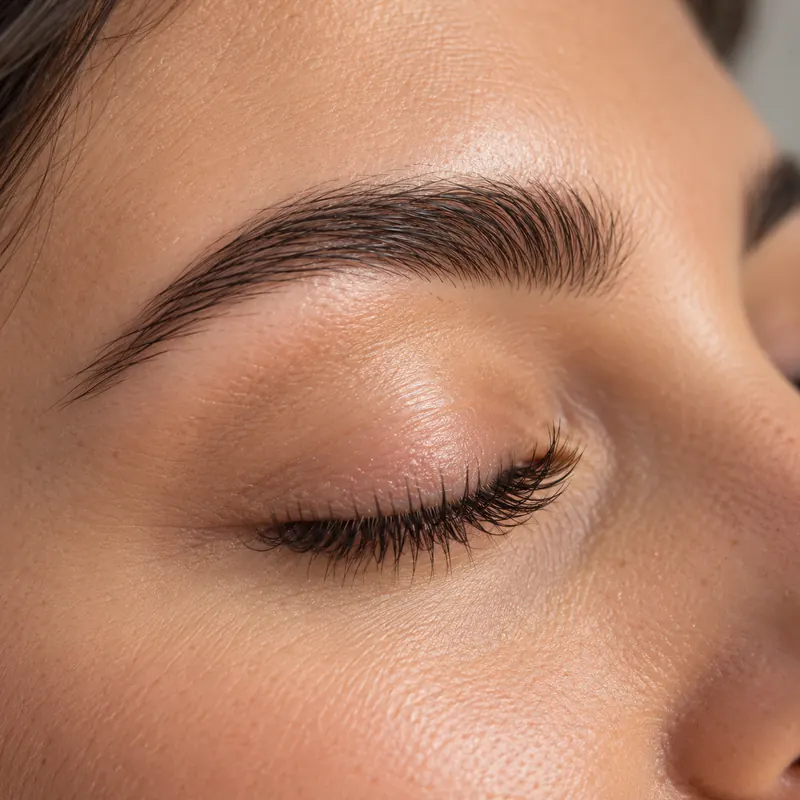 Close-up of shaped brows and lifted, tinted lashes