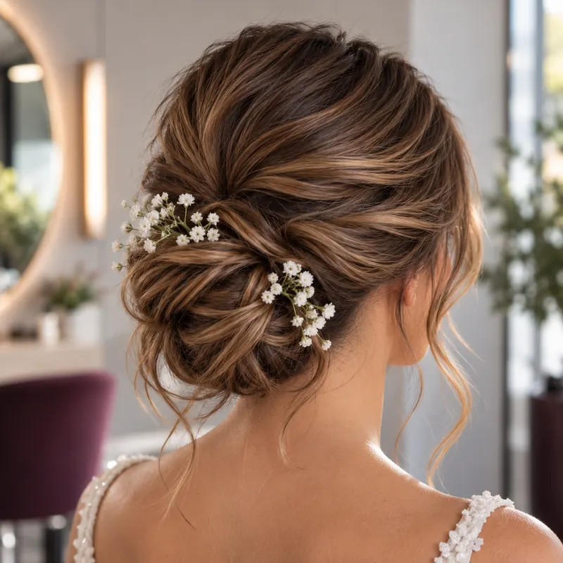 Loose bridal updo with small white flowers