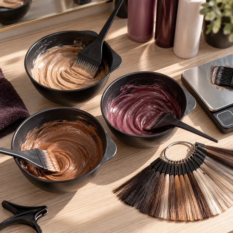 Colour bowls in caramel and plum tones next to a hair colour swatch ring