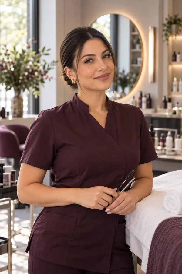 Deniz in a plum work tunic, standing next to the treatment bed
