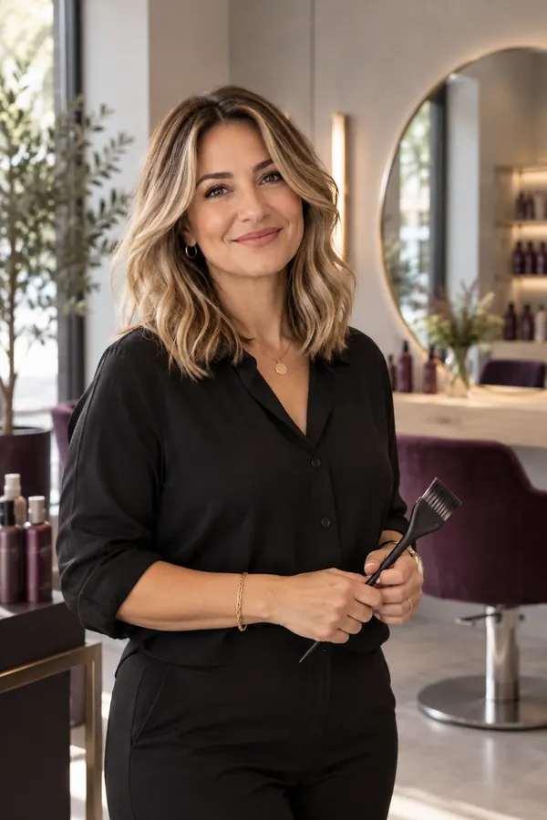 Lina, smiling, with wavy caramel-blonde balayage hair, holding a colour brush