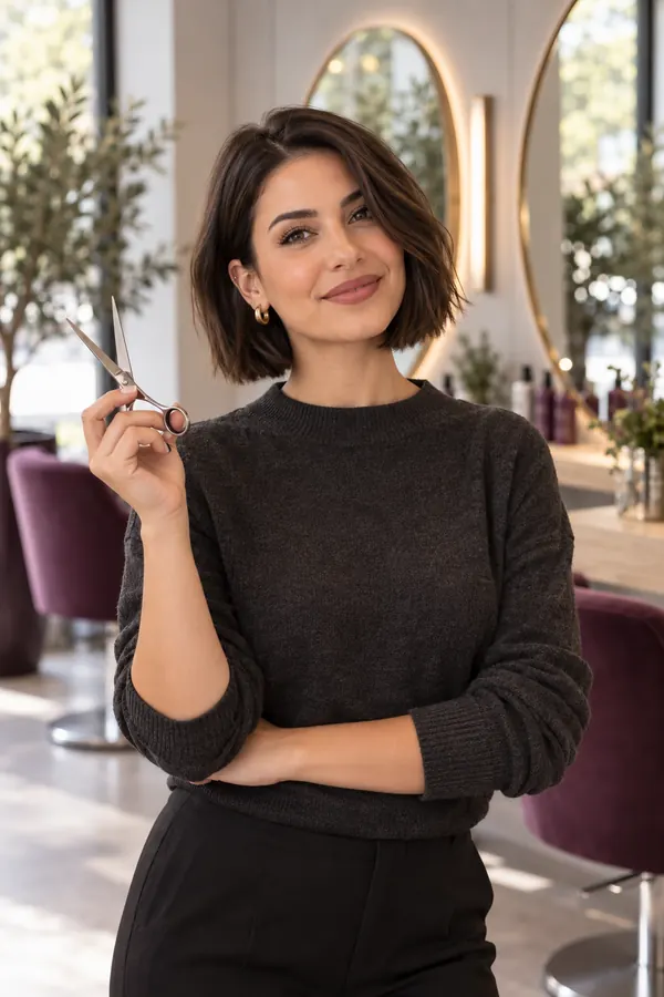 Mara with a dark brown bob, holding a pair of scissors