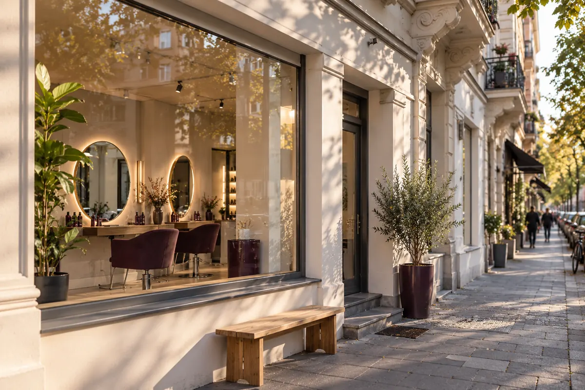 The studio’s shop front on Berger Straße, with a wooden bench and olive trees by the door